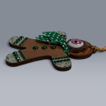 Hand-Painted One-Eyed Gingerbread Man Ornament  Whimsical Folk Art Christmas Decoration