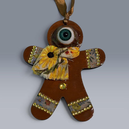Hand-Painted One-Eyed Gingerbread Man Ornament  Whimsical Folk Art Christmas Decoration