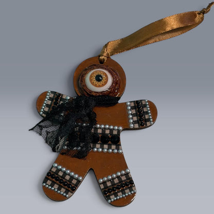 Hand-Painted One-Eyed Gingerbread Man Ornament  Whimsical Folk Art Christmas Decoration