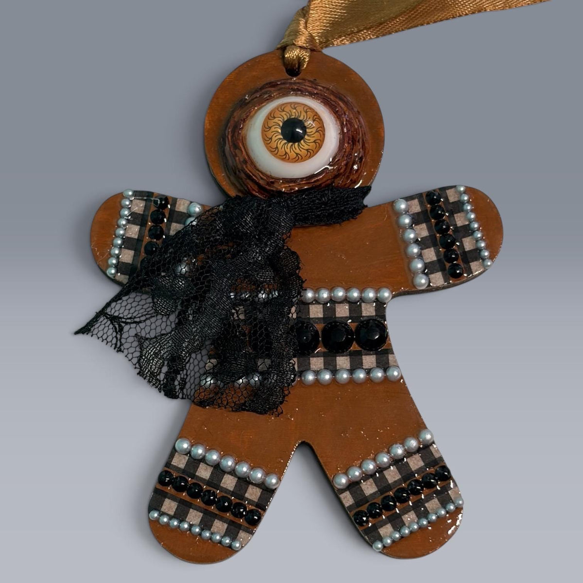 Hand-Painted One-Eyed Gingerbread Man Ornament  Whimsical Folk Art Christmas Decoration