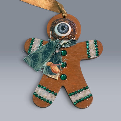 Hand-Painted One-Eyed Gingerbread Man Ornament  Whimsical Folk Art Christmas Decoration