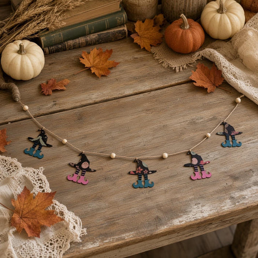 Whimsical Cottagecore Witch Garland – Handmade Rustic Halloween Decor – Indoor & Outdoor Fall Decoration