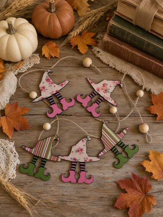 Whimsical Cottagecore Witch Garland – Handmade Rustic Halloween Decor – Indoor & Outdoor Fall Decoration