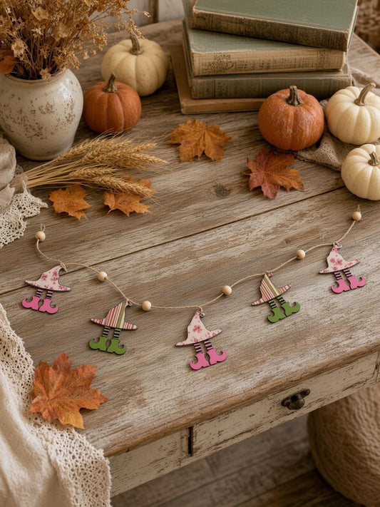 Whimsical Cottagecore Witch Garland – Handmade Rustic Halloween Decor – Indoor & Outdoor Fall Decoration