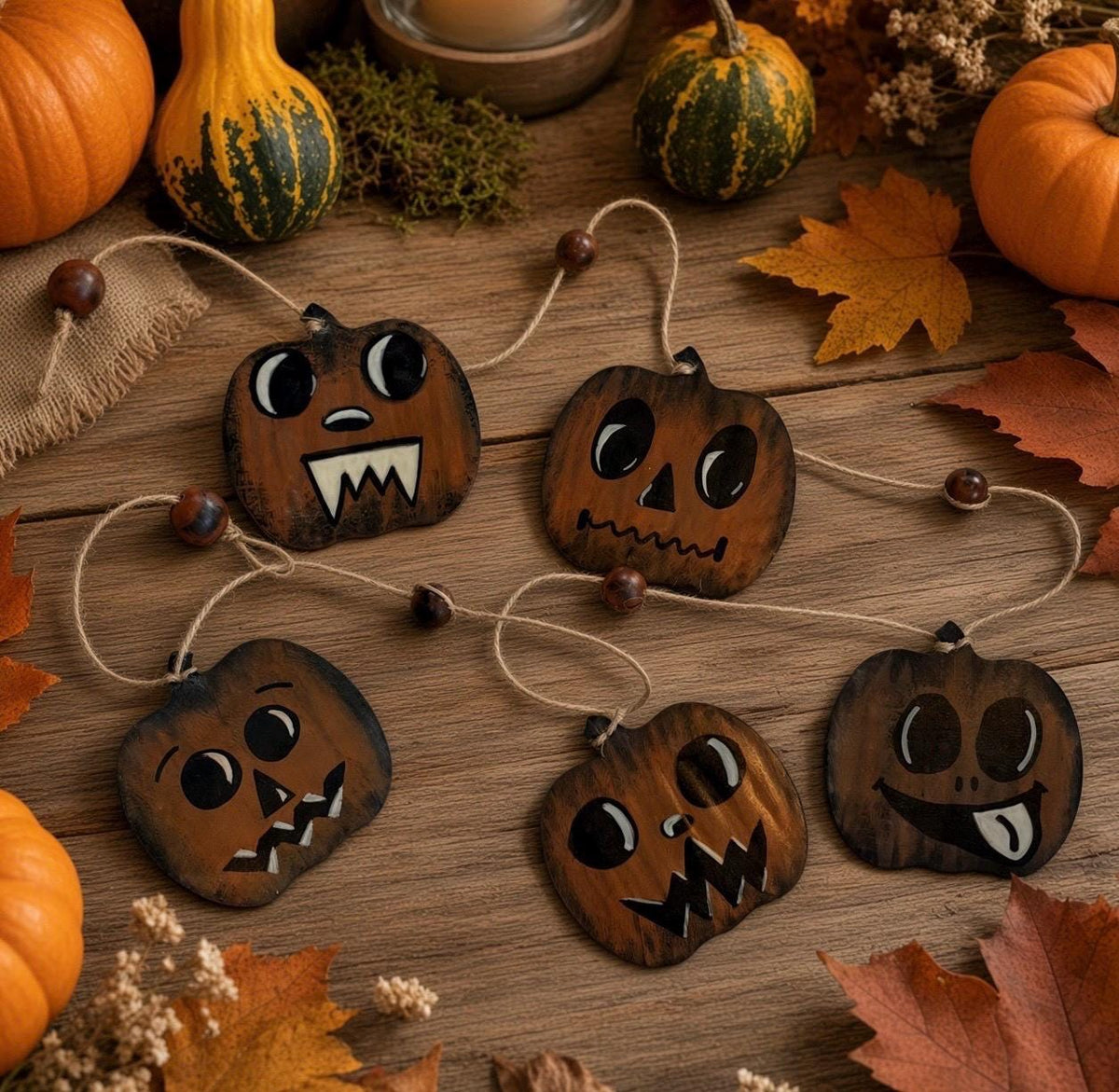 Whimsical Retro Wooden Halloween Pumpkin Garland