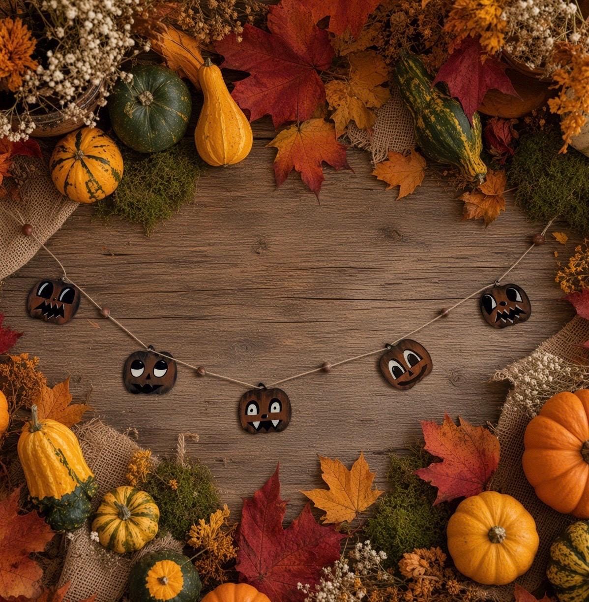 Whimsical Retro Wooden Halloween Pumpkin Garland