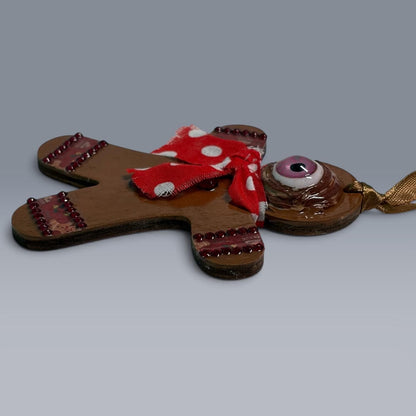Hand-Painted One-Eyed Gingerbread Man Ornament  Whimsical Folk Art Christmas Decoration
