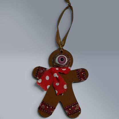 Hand-Painted One-Eyed Gingerbread Man Ornament  Whimsical Folk Art Christmas Decoration