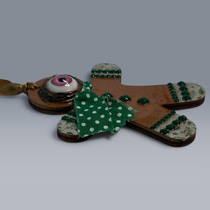Hand-Painted One-Eyed Gingerbread Man Ornament  Whimsical Folk Art Christmas Decoration