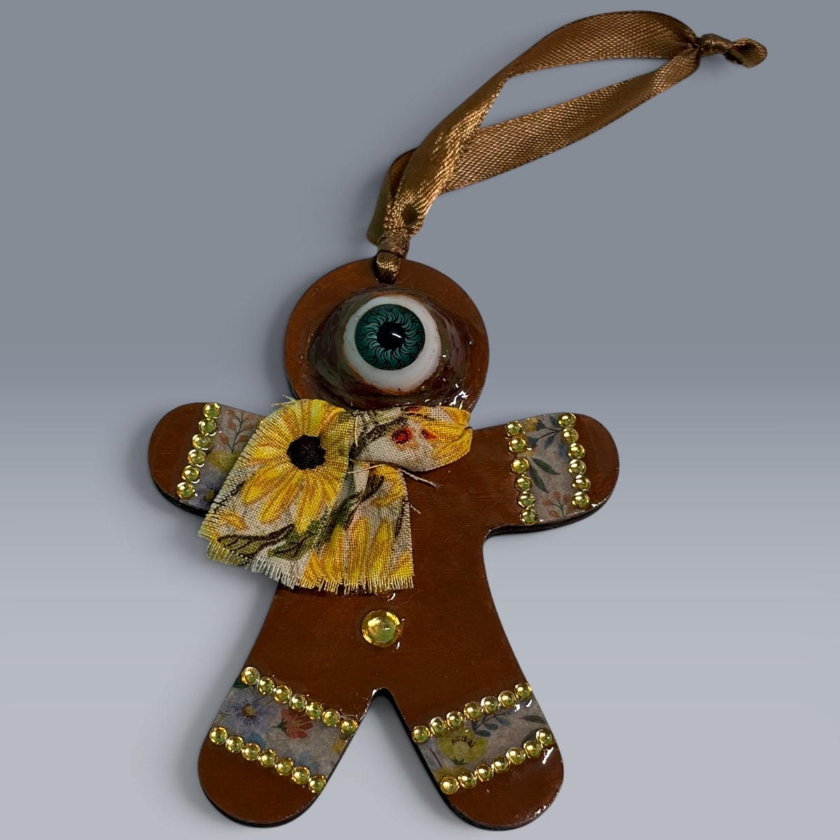 Hand-Painted One-Eyed Gingerbread Man Ornament  Whimsical Folk Art Christmas Decoration