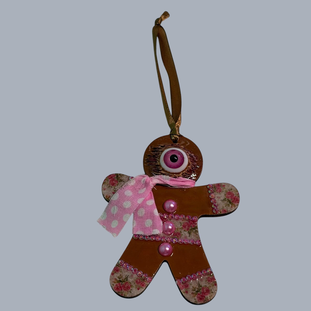 Hand-Painted One-Eyed Gingerbread Man Ornament  Whimsical Folk Art Christmas Decoration