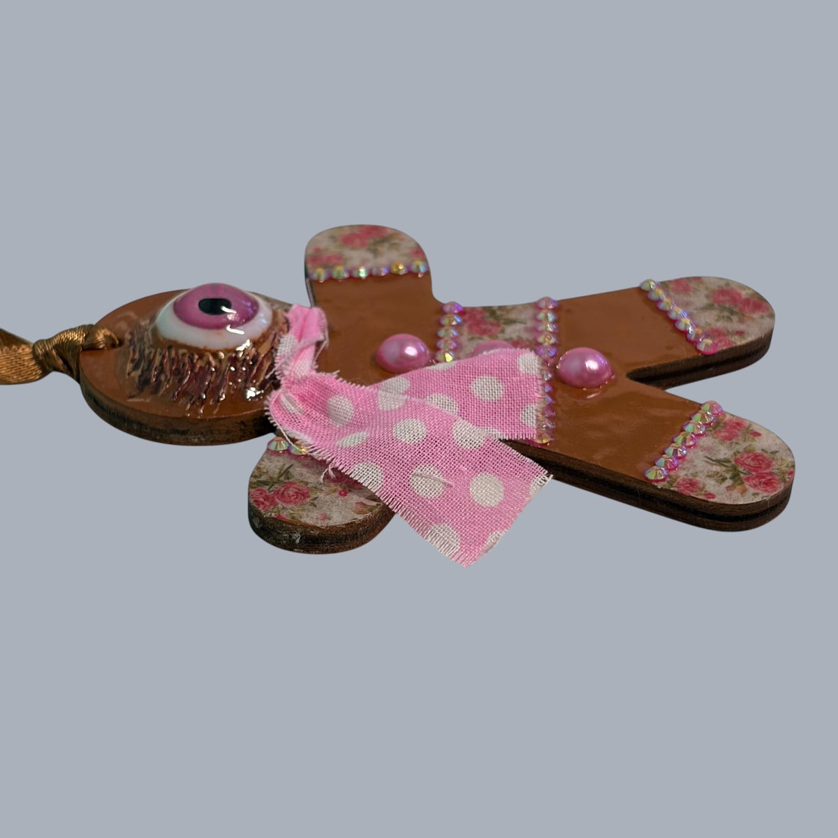 Hand-Painted One-Eyed Gingerbread Man Ornament  Whimsical Folk Art Christmas Decoration