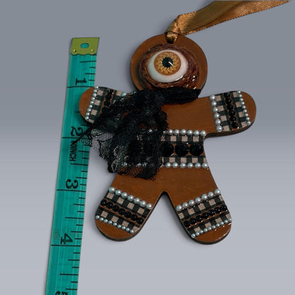 Hand-Painted One-Eyed Gingerbread Man Ornament  Whimsical Folk Art Christmas Decoration