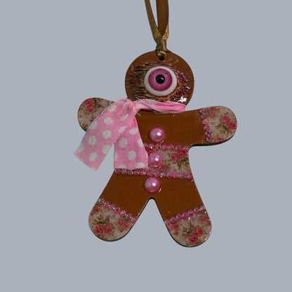 Hand-Painted One-Eyed Gingerbread Man Ornament  Whimsical Folk Art Christmas Decoration