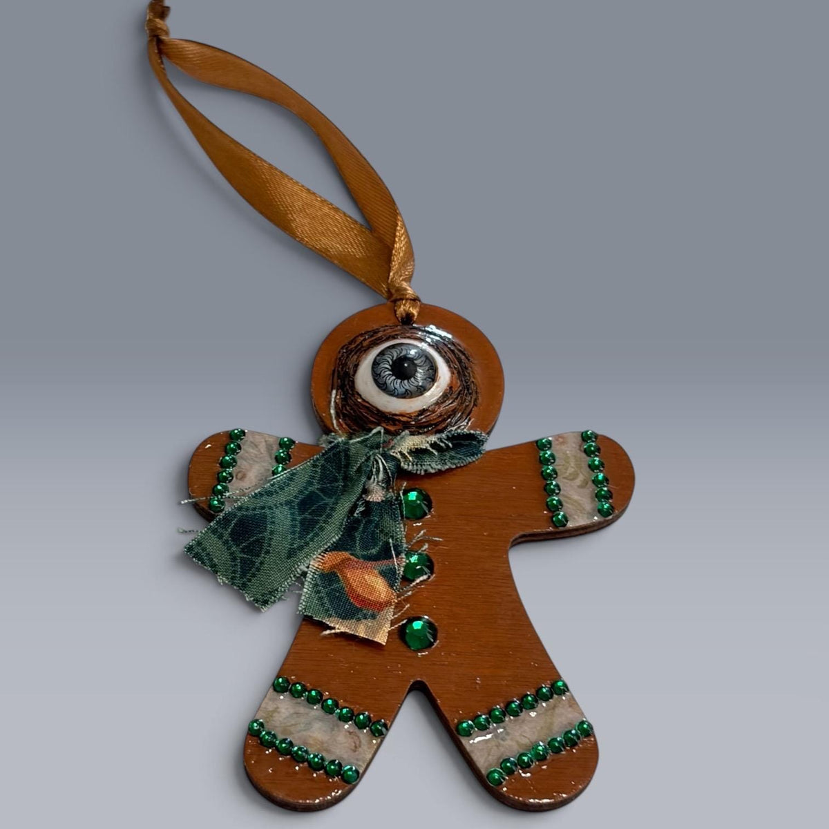 Hand-Painted One-Eyed Gingerbread Man Ornament  Whimsical Folk Art Christmas Decoration