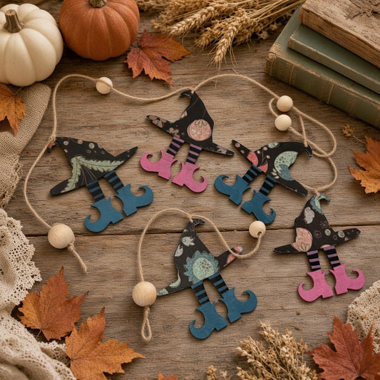 Whimsical Cottagecore Witch Garland – Handmade Rustic Halloween Decor – Indoor & Outdoor Fall Decoration
