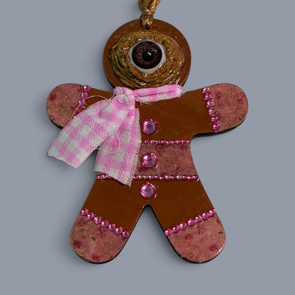 Hand-Painted One-Eyed Gingerbread Man Ornament  Whimsical Folk Art Christmas Decoration