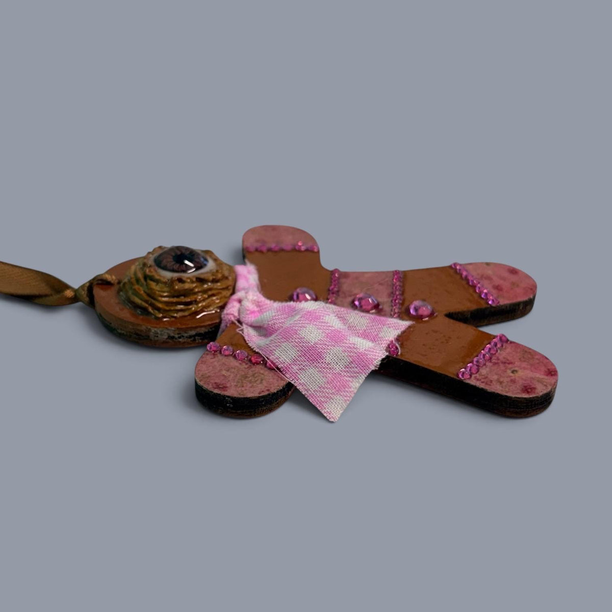 Hand-Painted One-Eyed Gingerbread Man Ornament  Whimsical Folk Art Christmas Decoration