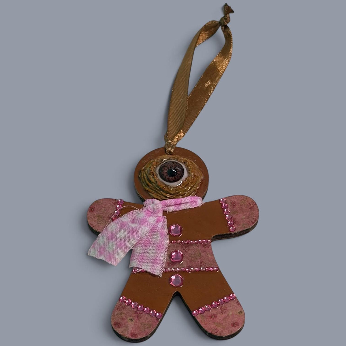 Hand-Painted One-Eyed Gingerbread Man Ornament  Whimsical Folk Art Christmas Decoration